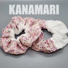 [195]花柄と刺繍生地を組み合わせたシュシュ2個セット（ピンク・白系）、ハンドメイド