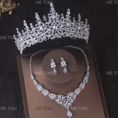ウェディングジュエリーセット,シルバーカラー,クリスタル,ラインストーン,クラウン,ネックレス,イヤリング,ドバイをセットした高級ジュエリー