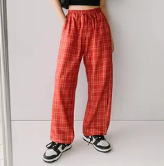 チェック ワイドパンツ レディース ユニセックス ポリエステル 速乾 シワになりにくい イージーケア ルームウェア リラックスパンツ 体型カバー ウエストゴム ゆったり 夏 秋 冬 大きいサイズ おしゃれ きれいめ カジュアル [1136]