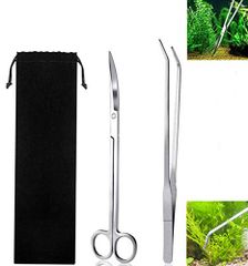 ★即日発送★YFFSFDC水槽 カーブピンセット & ハサミ 2点セット ロング 27cm 水草 トリミング アクアリウム ハーバリウム制作用 爬虫類飼育長いサイズ 細かい鋏 25cm ステンレス 実用 便利 水槽管理多機能 水族館用 収納バッグ付き