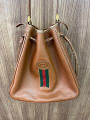 OLD GUCCI オールドグッチ ヴィンテージ 巾着ショルダーバッグ シェリーライン GG シュリンクレザー シボ革 ブラウン