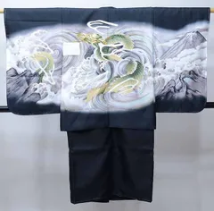 七五三 五歳 男児 羽織・着物・襦袢3点セット 龍 金刺繍 黒地 5歳 五才 5才 男の子 お仕立て無料 祝着 NO30236-2