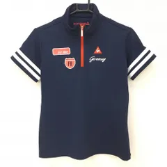【美品】ルコック 半袖ハイネックシャツ ネイビー×白 袖3ライン ハーフジップ レディース L ゴルフウェア le coq sportif