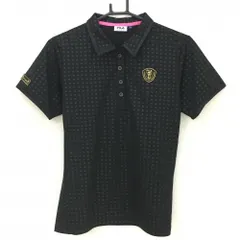 【超美品】フィラゴルフ 半袖ポロシャツ 黒×ダークグレー スクエアドット ロゴワッペン レディース LL ゴルフウェア FILA GOLF