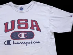 90s USA製 Championチャンピオン USA スクリプト ロゴ 三段中抜き ひび割れプリント コットンTシャツ 白 XL★オールド ホワイト ダメージ