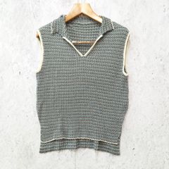 サマーニット ジェブロン柄 ボーダー キーネック リブニットベスト プルオーバー カジュアル モード グリーン ブラック ホワイト Mサイズ ◎、□〇