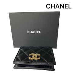 ●美品 シャネル CHANEL マトラッセ 二つ折り財布 ココマーク キャビアスキン ブラック レディース 5D779