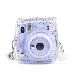 【数量限定】mini 12/11/9/8+/8ケース instax 可愛いカメラバッグ チェキケースFUJIFILM ショルダーストラップ付き HIYQIN PVC透明（パープルハート）