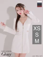 ホワイト [GL3907-B-2411] 【ROBE de FLEURS Glossy/ローブ・ド・フルール ローブドフルール グロッシー】センタージップデザイン/ 長袖/ ロングスリーブ/ シンプル/ ミニドレス/ キャバドレス/ 台形スカート