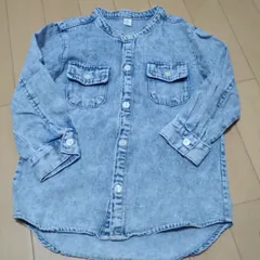 ケミカルウォッシュ　デニムシャツ　ノーカラーシャツ　ブルー　青