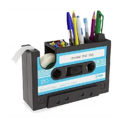 [送料込]ブルー [Queen-b] デスク オーガナイザー カセットテープ おしゃれ ペン 立て スタンドテープカッター 付き 多機能 卓上 収納 ケース ボックス 小物 入れ オフィス 文房具 (ブルー)
