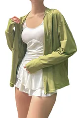 [MORE AUNI] ラッシュガード レディース UVカット UPF50+ パーカー 長袖 ミドル丈 トップス ジップアップ サマーパーカー フード つば付き 日焼け対策 接触冷感 軽量 速乾 通気性 体型カバー 紫外 [グリーン / J20033] [L]