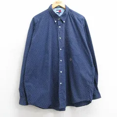 XL/古着 トミーヒルフィガー 長袖 ブランド シャツ メンズ 90s ワンポイントロゴ 大きいサイズ コットン ボタンダウン 紺 ネイビー ドット 