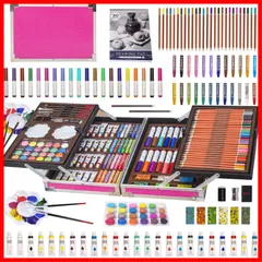 【激安！】デラックス スケッチパッド付き ポータブル アートセット 二層 お絵かき アルミニウム ぬりえ 蛇革スタイル 絵画 ギフトボックス アートクラフト 子供 139点入り ティーン 画材ケース 大人用 KINSPORY (ピンク)