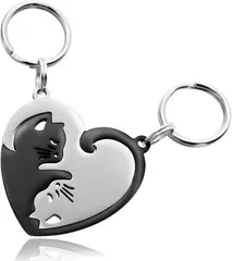 D・STONE 猫 キーホルダー ペア カップル キーリング ネコちゃん ステンレス製 プレゼント(黒と銀色)
