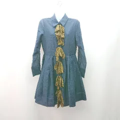 ◇ SISTER JENNI レオパードリボン 薄手 プリーツ切り替え 長袖 膝丈 ワンピース サイズS ネイビー レディース E  【1310130034325】