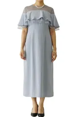 [MORE AUNI] パーティー ドレス 結婚式 オフショル風 レース フレア フリル セミ タイト ワンピース 2次会 1.5次会 お呼ばれ カジュアル お呼ばれワンピース 披露宴 発表会 可愛い 体型カバー [ブルーグレー / 77000043] [M]