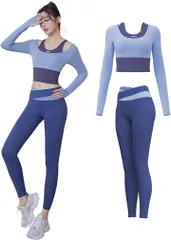 Karsaer ヨガウェア スポーツウェア レディース フェイクレイヤード 長袖 ヨガウェア上下セット おしゃれ トレーニングウェア カップ付き( ブルー,  L)