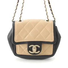 シャネル 19番台 ラムスキン ミニ マトラッセ チェーンショルダー ココマーク ターンロック カンボン ショルダーバッグ バッグ 鞄 かばん A92210 バイカラー ブラック ベージュ【中古】