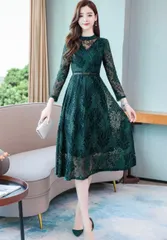 ワンピース　膝丈　レース　フォレスト　緑　膝丈ワンピース　長袖　結婚式　二次会