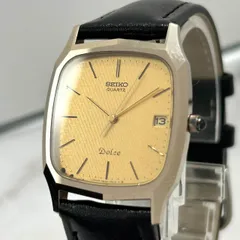 【稼働品／文字盤汚れ有】セイコー ドルチェ メンズ腕時計 9522-5010 ゴールド文字盤 シルバーケース ブラックレザーベルト アナログ クオーツ デイト表示 レクタンギュラー トノー スクエア 薄型 クラシック ヴィンテージ クリーニング済 G5