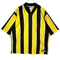 NikeナイキVネックゲームシャツユニフォームフットボールシャツレフェリーシャツストライプ黄色イエロー黒ブラックスウッシュロゴ刺繍ゆるダボルーズシルエットオーバーサイズアメカジストリートブロークコアvintageヴィンテージ50502