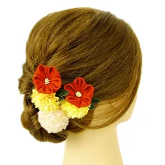 髪飾り 成人式 つまみ細工 赤 振袖 前撮り 袴 浴衣 夏祭り 花火大会 豪華3点セット 黄色 白 ちりめん ヘアアクセ 新作 かんざ No.9-3583