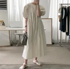 ボリューム袖 ワンピース 半袖 レディース フレアワンピース 夏 キレイめ ぽわん袖 ロングワンピース ミモレ丈 大きいサイズ ゆったり 大人可愛い パフスリーブ ワンピース 無地 カジュアル シンプル 体型カバー 着痩せ weinannan03