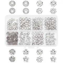 PH PandaHall ビーズキャップ 花座 約320個 座金 304ステンレスースチール ビーズ 8種 カラフル 透かしキャップ スペーサービーズ フラワー 花状 アクセサリーパーツ ジュエリー用 ピアスパーツ 手芸用品 イヤリング ネックレス 手作り D