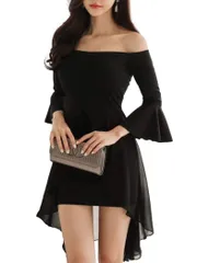 [ISLAYCAOLILA] キャバドレス ミニドレス クラブドレス パーティードレス ワンピース タイト ミニ フィッシュテール オフショルダー ベアトップ ベルスリーブ シースルー レディース CX3 スザンヌ (ブラック, L)