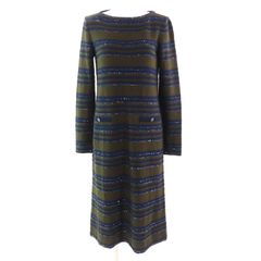 美品△CHANEL シャネル P62936 カシミヤ ココマークボタン ココボタン スパンコール ボーダー柄 長袖 ニット ワンピース カーキ ネイビー 38 イタリア製 レディース