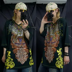 00s Mecca Bald Eagle Skull Rhinestone Lily Fraktur Vneck 2XL S/S Tee ハクトウワシ スカル ラインストーン 百合 フラクトゥール  Vネック tシャツ