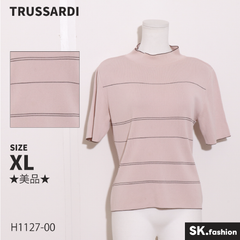 ★美品★ TRUSSARDI トラサルディ トップス　ニット　半袖　ライン　ボトルネック　綺麗め　大きいサイズ 　ピンク　 【H1127-00】 送料無料　古着　レディース