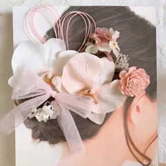 【24時間以内発送】H ほんのりピンク2種の胡蝶蘭とチュールリボン　和装髪飾り　ウェディング　七五三　卒業式
