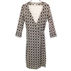 DIANE VON FURSTENBERG ダイアンフォンファステンバーグ シルク100％ 総柄 7分袖 ラップ ワンピース 0 ブラウン系 レディース 古着