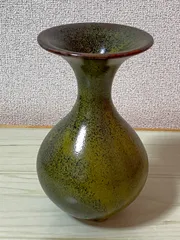 【KB38】会津　流紋焼　陶器　花瓶 水盤 花入 花生け フラワーベース　黒緑　直径約12cm　高さ約18cm　重さ約700g　陶磁器　焼物　花道　華道