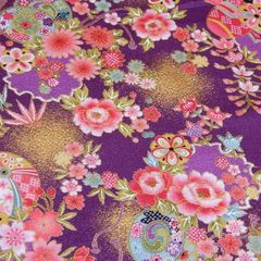 約110×36cm 開花 チリメンエンボス 花手毬と鼓 2500-136C パープル 生地 布地 布 ハンドメイド