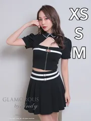 ブラックホワイト [GMS-V796-BxW-2401]【Andy GLAMOROUS/アンディグラマラス】襟付き/ バイカラー/ フロントジップ/ ベルト/ 袖あり/ 半袖/ プリーツ/ Aライン/ セットアップ/ ミニドレス/ キャバドレス