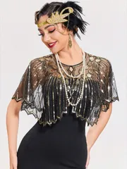 アクセサリー レディース スカーフ 1920年代 ヴィンテージ スパンコール フリンジ付きショート丈羽織り、エレガントな女性用ショール、ビーズ付きケープ、フォーマルパーティー、結婚式、ハーレムナイトに適しています