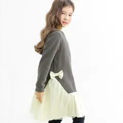 Bee【♪クーポン利用で20％OFF♪】裏起毛 切り替えワンピース◇チャコール×アイボリー◇韓国子供服 韓国子ども服 韓国こども服 キッズ 女の子 フリース 異素材 長袖 チュール 100 110 120 130 140 150
