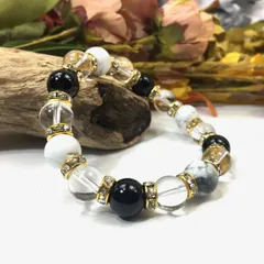 ハウライト×水晶×オニキス パワーストーン ブレスレット 10mm（ゴールド）メンズ・レディース 男性・女性 数珠ブレス 開運  [3] 