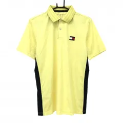 【美品】トミーヒルフィガー 半袖ポロシャツ イエロー×ネイビー ロゴ地模様 サイド切替 メンズ L ゴルフウェア Tommy Hilfiger Golf