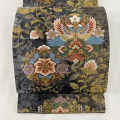 袋帯 秀品 向かい鳥 花唐草 唐織 金糸 灰紫 六通 正絹 【中古】