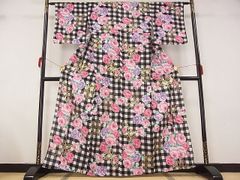 平和屋-こころ店■夏物　浴衣　綿紅梅　花蝶文　薔薇　金彩　着丈162.5cm　裄丈62.5cm　綿　逸品　A-ta4314