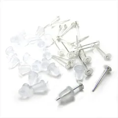 V-024 平皿ピアスピン 4mm & 樹脂ピアスキャッチ 6mmセット【ホワイトシルバー】各20個 10組 貼り付け ポストピアス ピアスピン シリコンキャッチ バックキャッチ メタル 金属 ハンドメイド アクセサリー パーツ