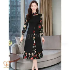 フォーマルワンピース 花柄 ワンピース 長袖 フォーマル パーティードレス 結婚式 お呼ばれドレス 袖あり 大きいサイズ 3L 4L 5L 黒 30代 40代 50代