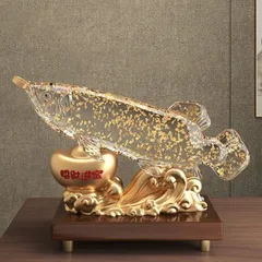 木彫り　置物　アロワナ 木製台座付き】水晶 アロワナ彫刻