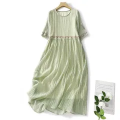ロングワンピース 綿麻風 レディース 夏 ワンピース 半袖 ワンピース プリーツ 大きいサイズ  リネン コットン ロングワンピース ギャリー ワンピ フレア 森ガール リゾートワンピース ふんわり 体型カバー 大人可愛い ゆったり mansi02