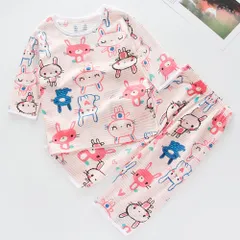 ☆ ウサギ ☆ 130cm ☆ 子供服 nazhu002 パジャマ 上下セット 夏 キッズ ルームウエア ７分袖 ７分丈 パンツ ハーフパンツ セットアップ 上下 膝丈 膝下 子供用 キッズ 子供 子ども こども 薄手 ベビー 男の子 女の子
