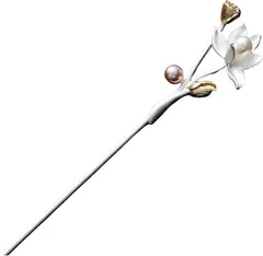 Miaomyao ミャオミャオ 簪 かんざし 一本 和装 留袖 着物 髪飾り 金属 ペア カップル アンティーク フラワー 花 睡蓮 モチーフ パール ヘアアクセサリー(シルバー,  大きめ)